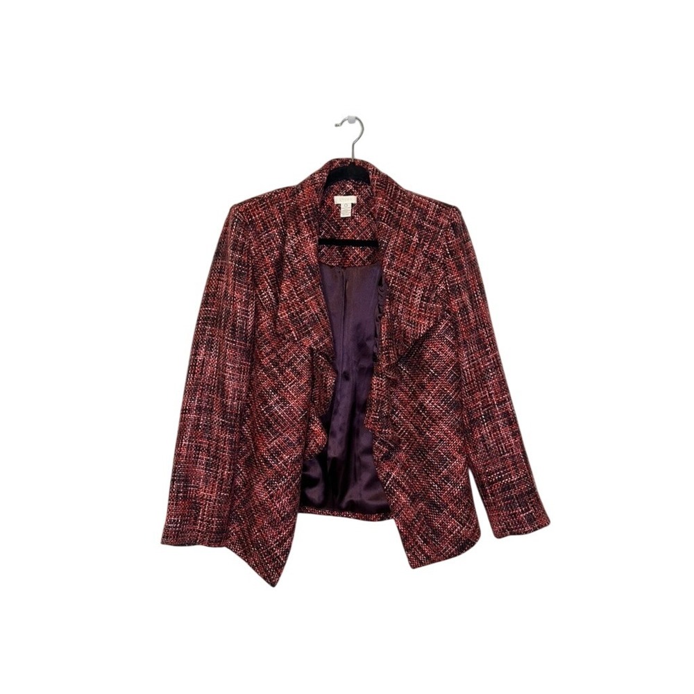Chicos Blazer Jacket Womens Size‎ 0 Tweed Multi Color Collarless Ruffle Front